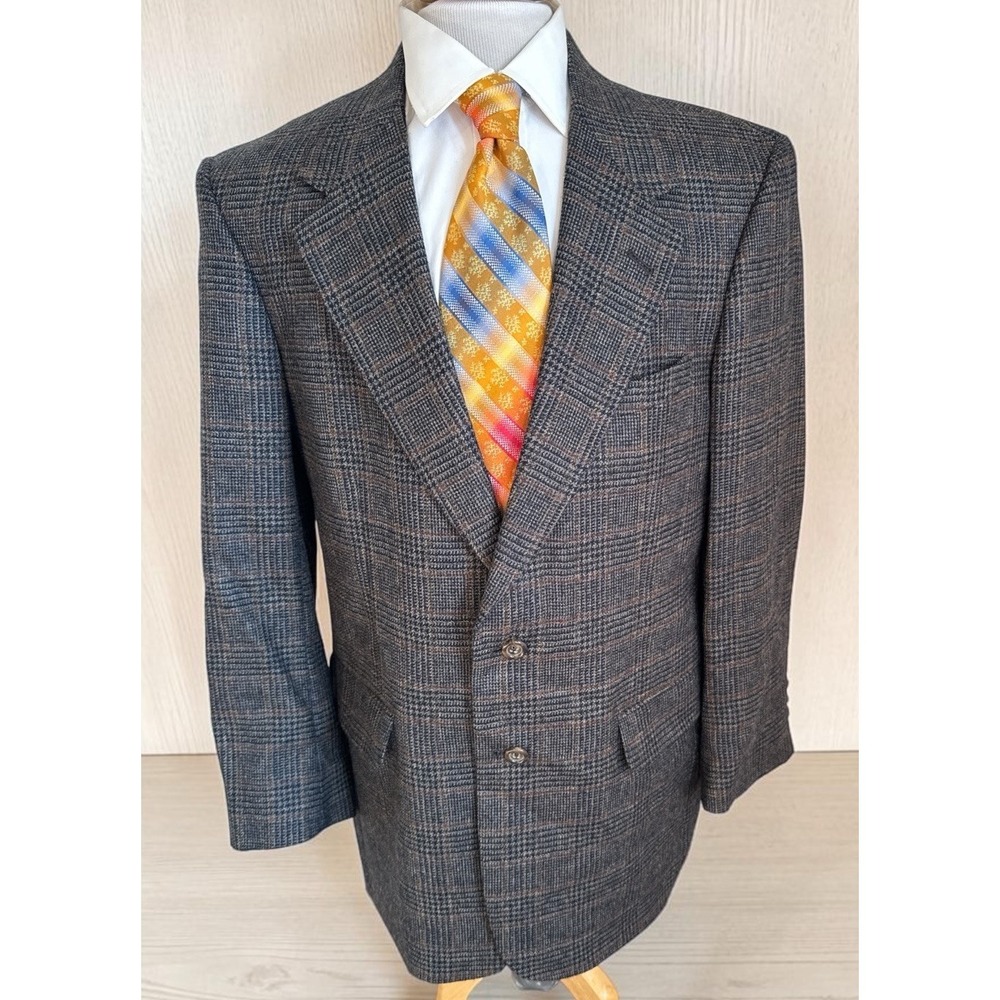 Corbin Mens Sz 44R Blue Brown Glen Plaid Flannel Wool Blazer Sport Coat Jacket